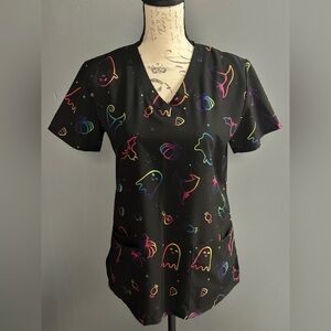 Black Halloween Ghost & Pumpkin Scrub Top